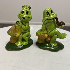 vtg lefton anthropomorphic‎ frogs on mushrooms hand painted figurines